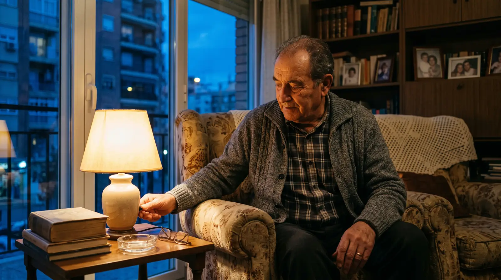 Un pensionista de unos setenta años encendiendo una lámpara de mesa en su salón al anochecer.