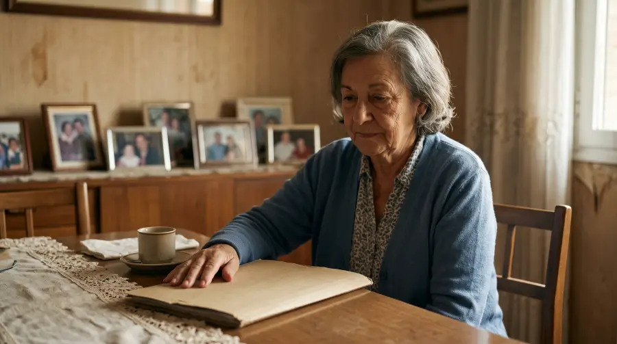 Una mujer de unos setenta años en la mesa del comedor, con la mano sobre una carpeta cerrada y fotografías familiares al fondo.