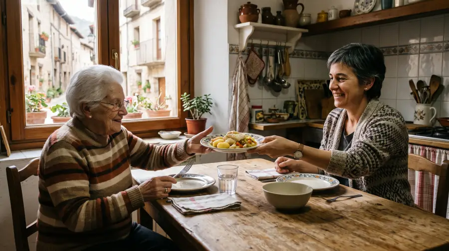 Una mujer de unos cincuenta años comiendo con su madre, de más de ochenta, en la mesa de la cocina.