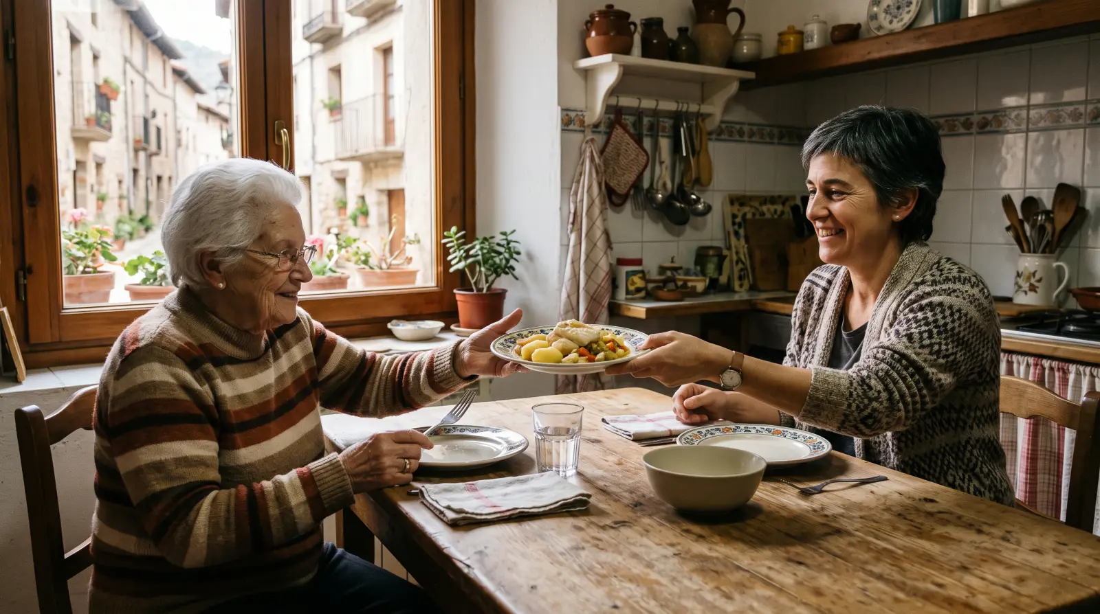Una mujer de unos cincuenta años comiendo con su madre, de más de ochenta, en la mesa de la cocina.