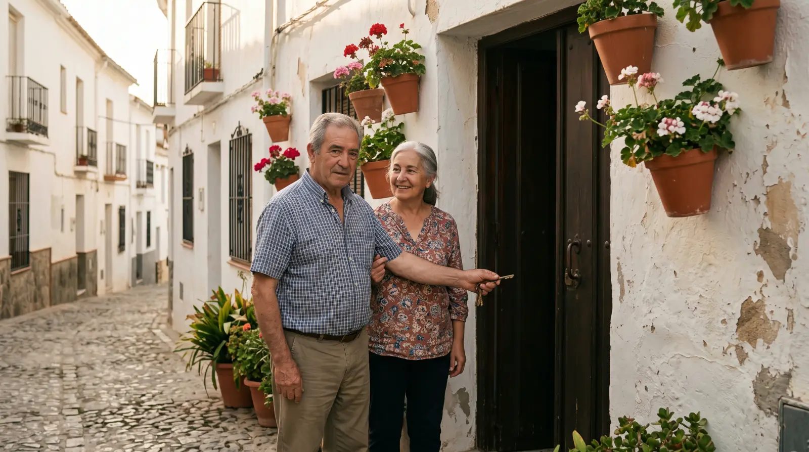 Una pareja de unos setenta años en la puerta de su casa encalada de pueblo, con macetas de geranios.