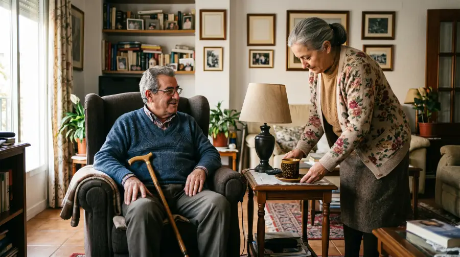 Un hombre de unos sesenta y cinco años con bastón, sentado en un sillón, mientras su mujer le deja una taza de té en la mesa.