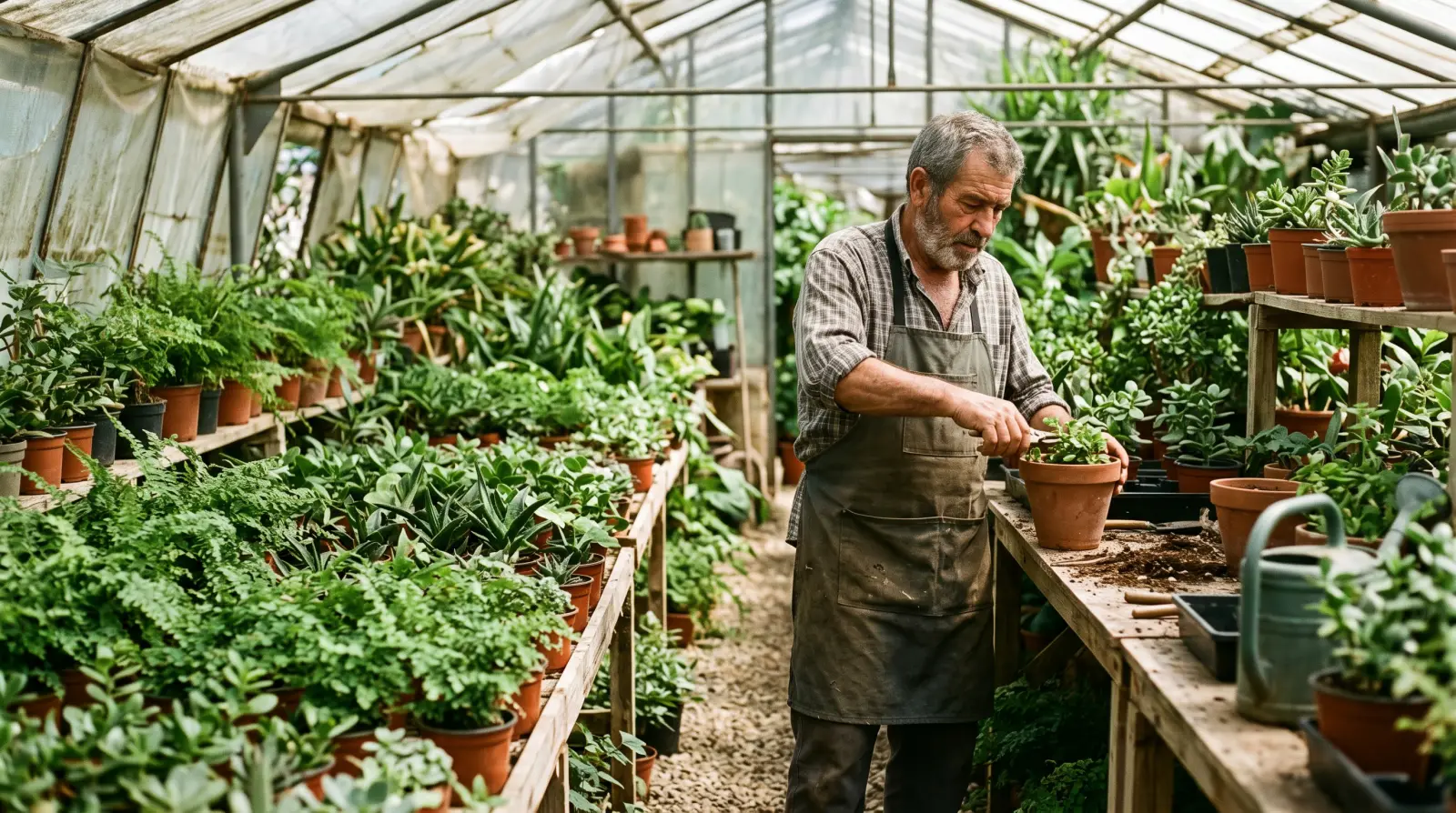 Un hombre de unos sesenta y seis años con delantal de trabajo cuidando plantas en un pequeño vivero familiar.
