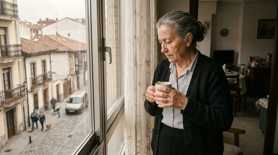 Una mujer de unos setenta años de pie junto a la ventana de su piso, con una taza de café entre las manos.
