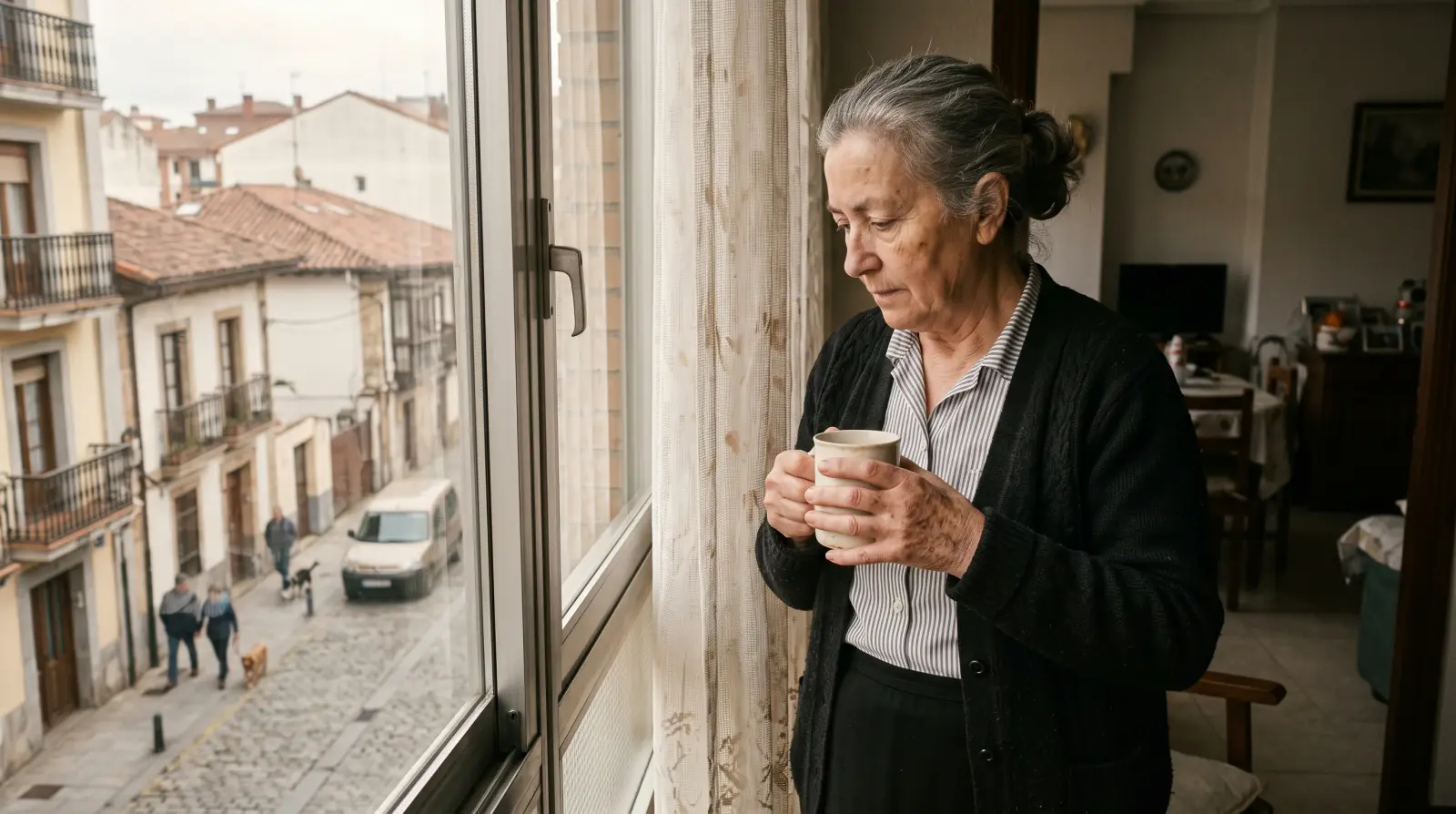 Una mujer de unos setenta años de pie junto a la ventana de su piso, con una taza de café entre las manos.