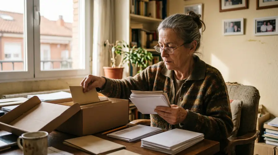 Una mujer de unos sesenta y ocho años ordenando sobres de papel en una caja archivadora sobre su escritorio.