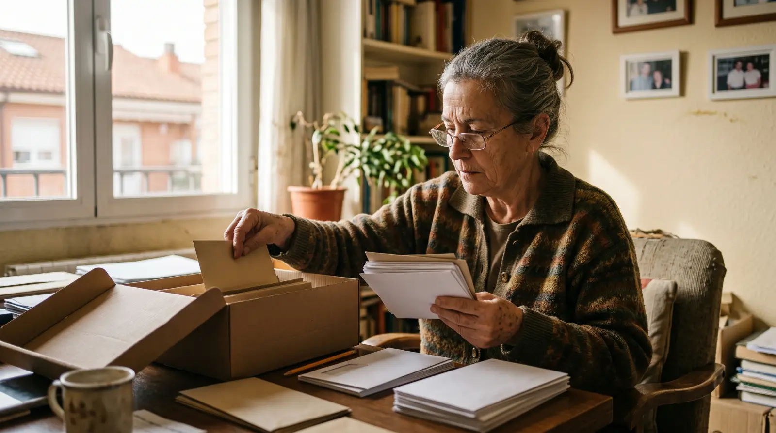Una mujer de unos sesenta y ocho años ordenando sobres de papel en una caja archivadora sobre su escritorio.
