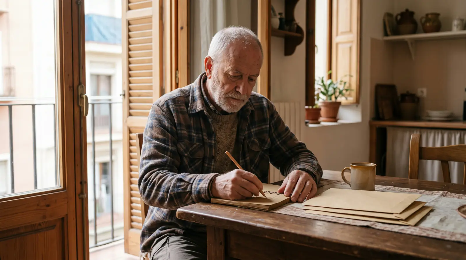 Un jubilado de unos setenta años escribe con lápiz en una libreta, en la mesa del comedor junto a la puerta del balcón.