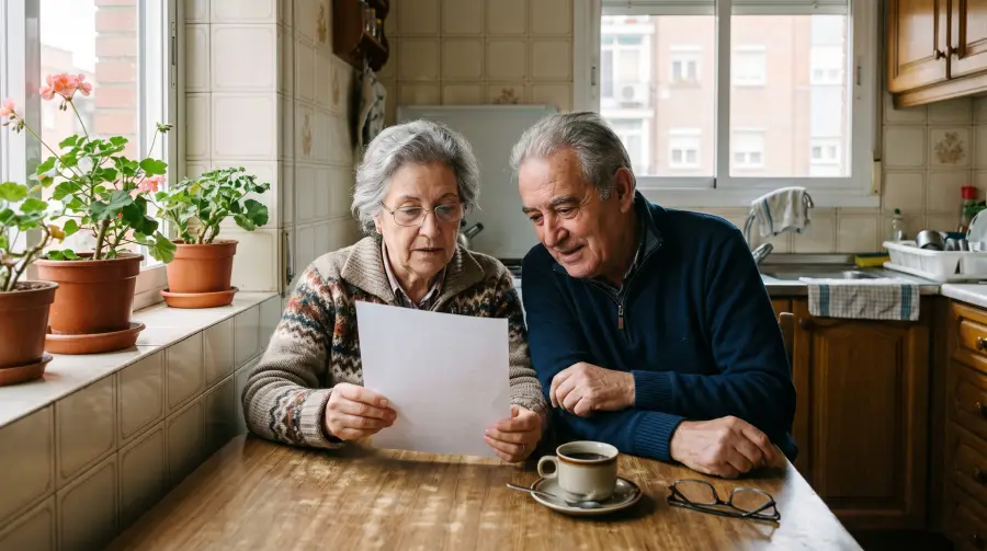 Una pareja de jubilados en la mesa de la cocina de su piso, mirando juntos una hoja de papel con luz de mañana.