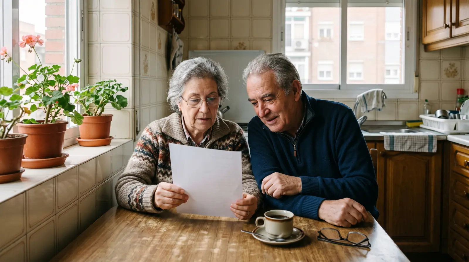 Una pareja de jubilados en la mesa de la cocina de su piso, mirando juntos una hoja de papel con luz de mañana.