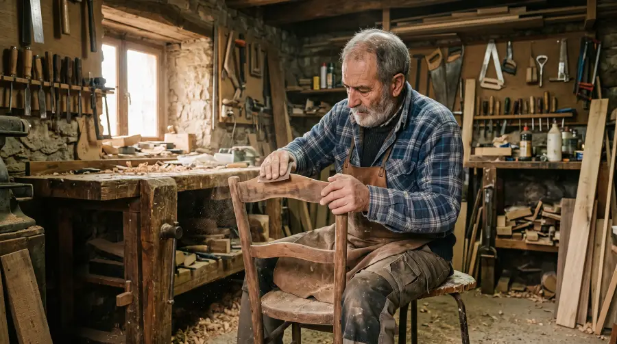 Un hombre de unos sesenta y ocho años lijando una silla de madera en un pequeño taller de carpintería.