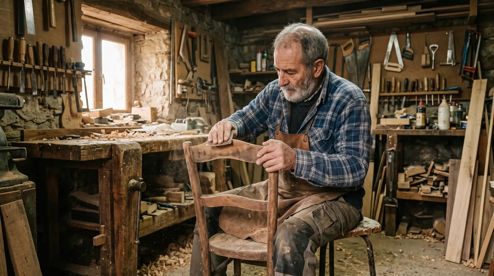 Un hombre de unos sesenta y ocho años lijando una silla de madera en un pequeño taller de carpintería.